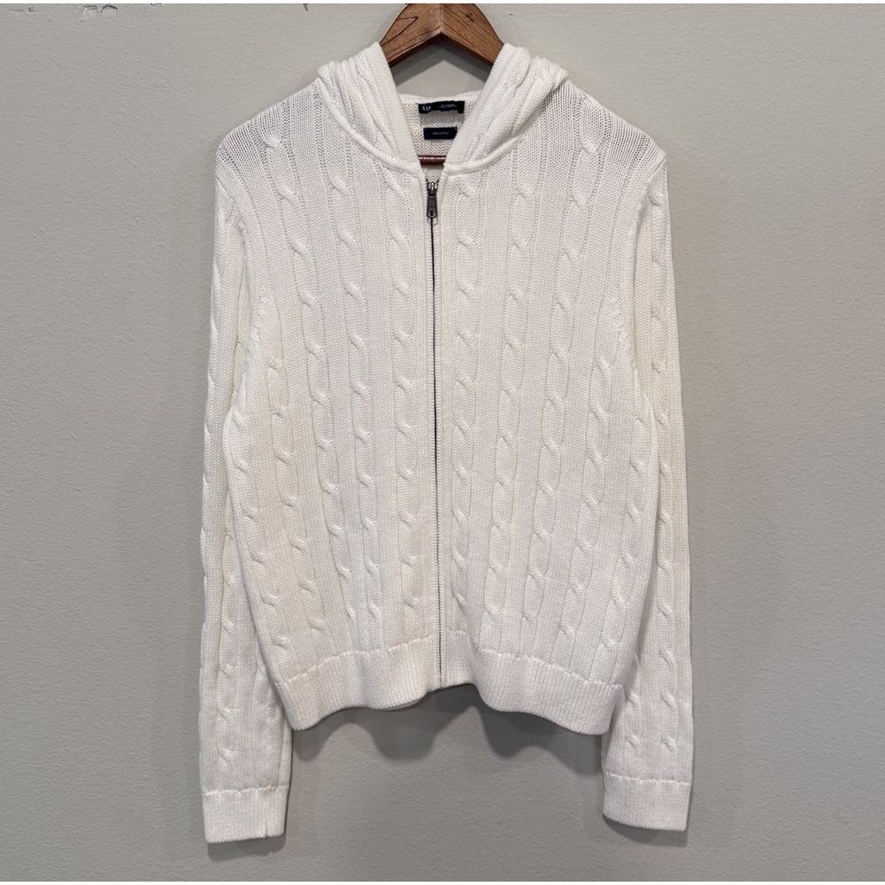 Gap 100% Cotton Cable-Knit Zip Cardigan Sweater XL White Hooded Preppy Coastal - Picture 2 of 9